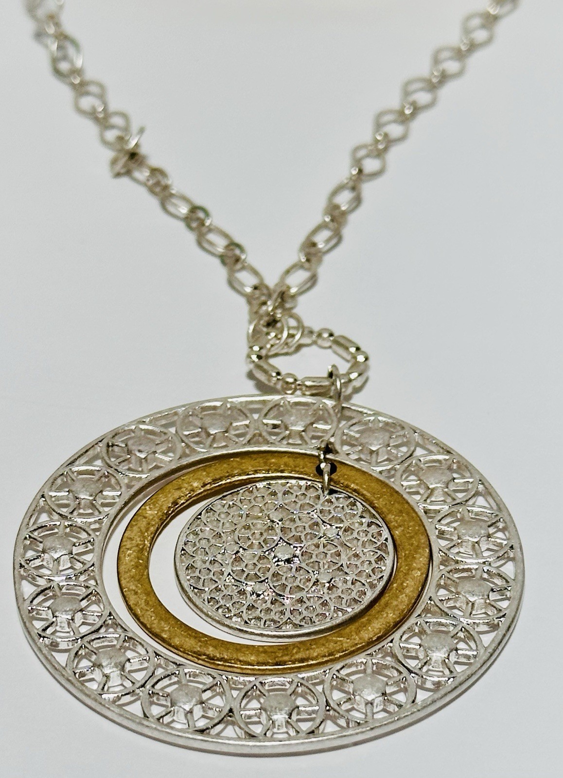 Silver Tone Necklace With 3 Circle Textured Pendants Gold And Silver Tone 31in.