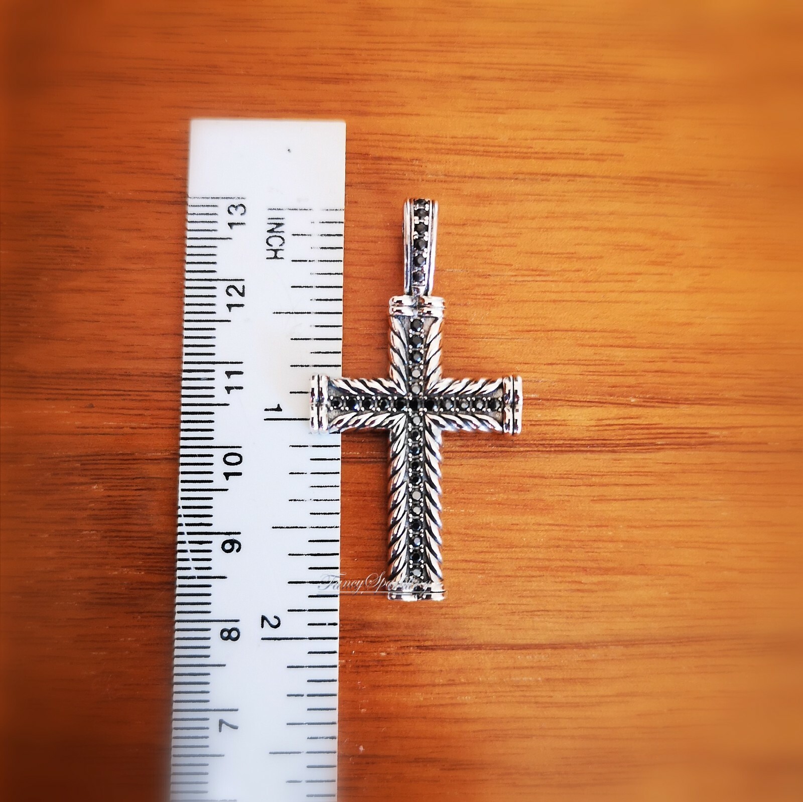Black Simulated Diamond Cross Pendant Necklace 14K Oxidized White Gold Finish
