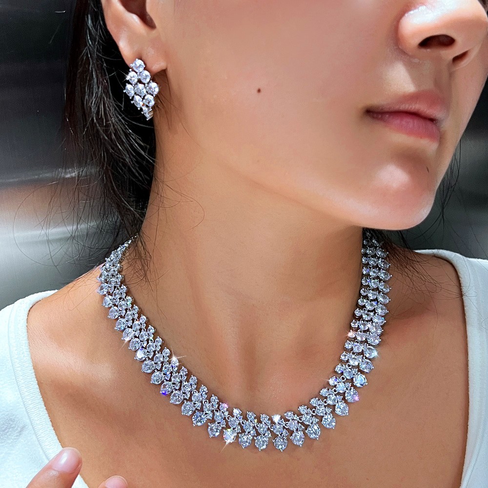 White Gold Plated Cubic Zirconia Round Necklace Earrings Engagement Jewelry Set