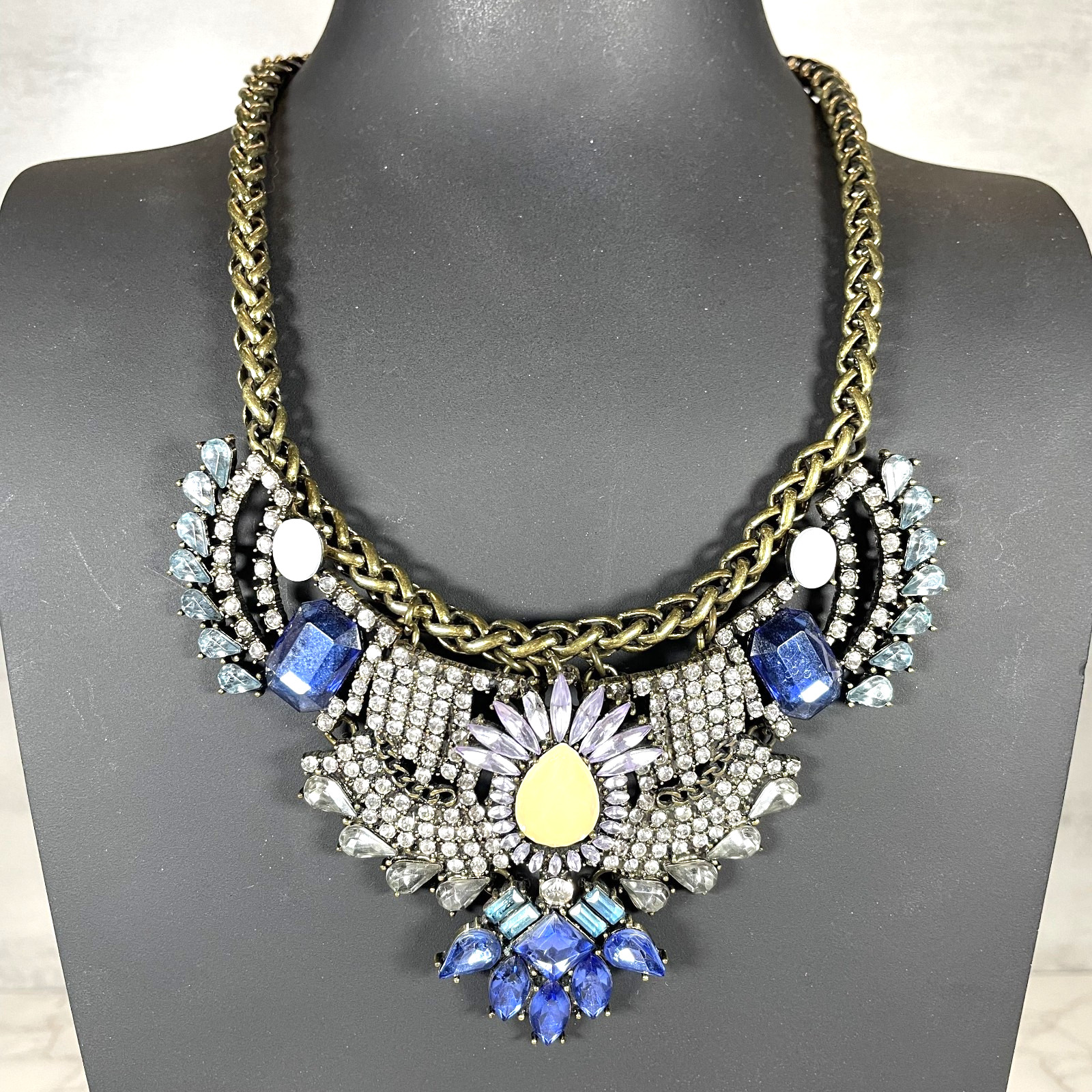 BaubleBar Statement Necklace Blue Crystal Rhinestone Bib Antique Bronze Choker