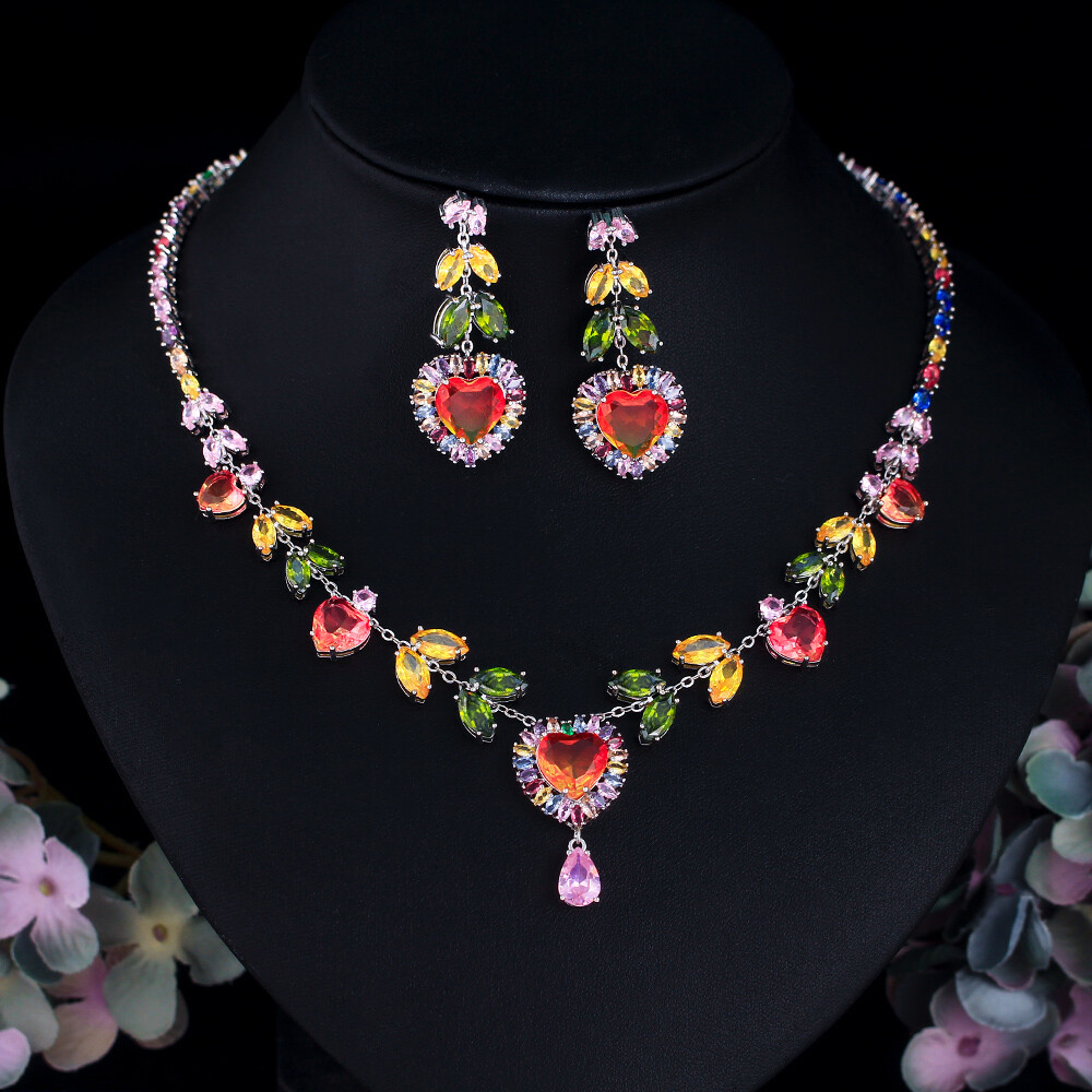 Silver Plated CZ Multicolor Leaf Heart Necklace Earrings Lover Party Jewelry Set