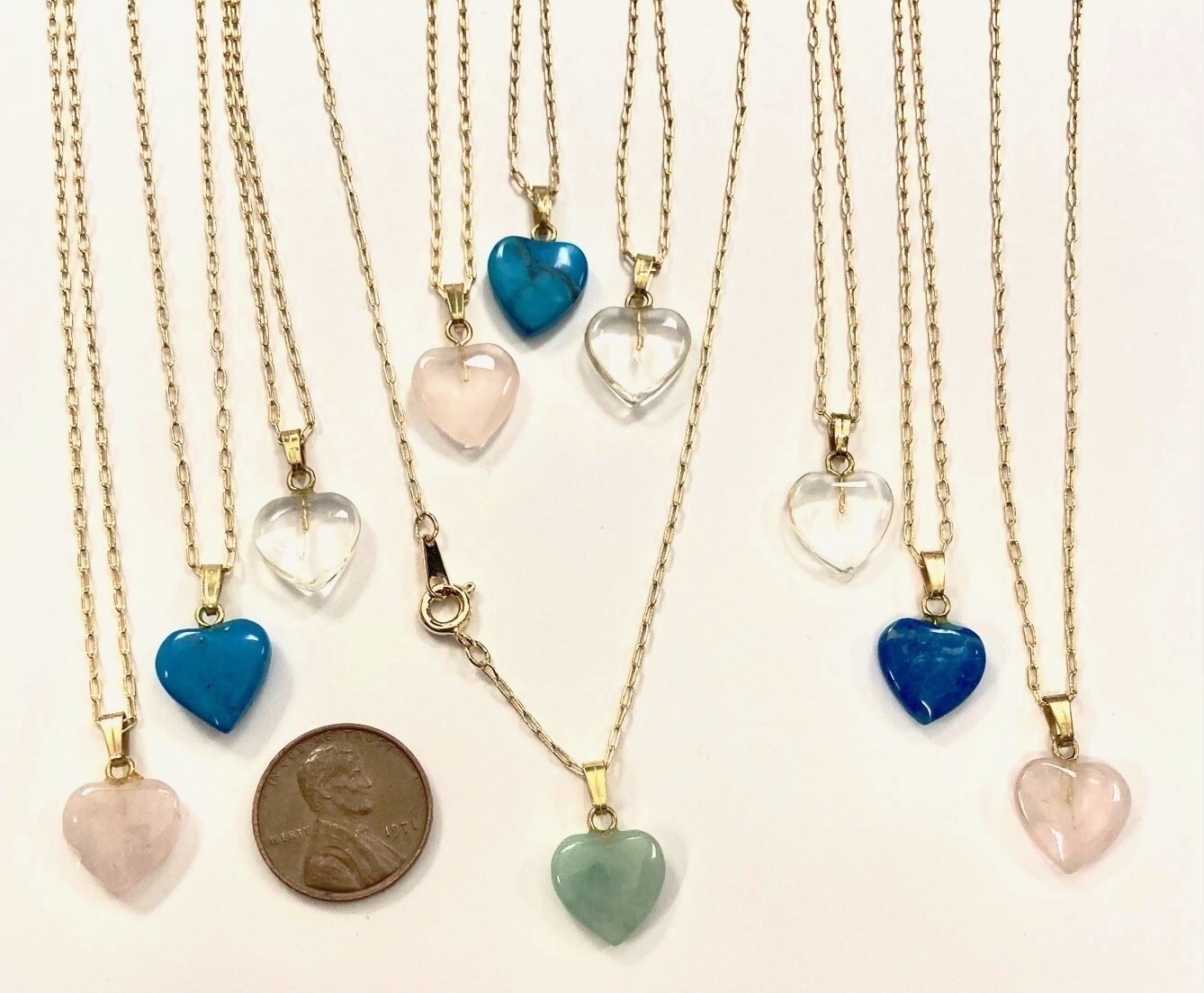 10 ASSORTED GENUINE GEMSTONE 12mm HEART PENDANT GOLD PLATED CHAIN NECKLACES V241