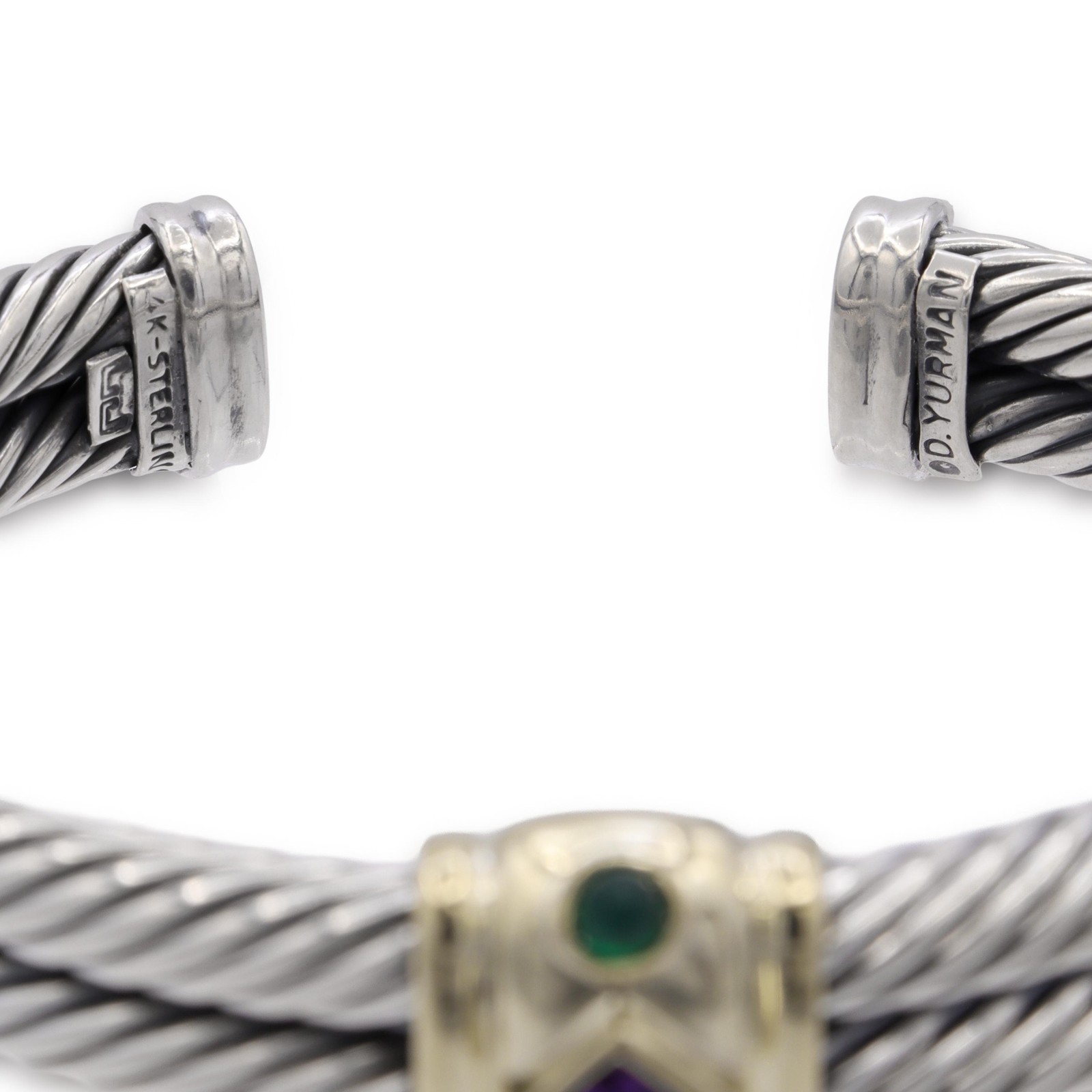 David Yurman Sterling Silver 14K Gold Amethyst Green Onyx Cable Cuff Bracelet