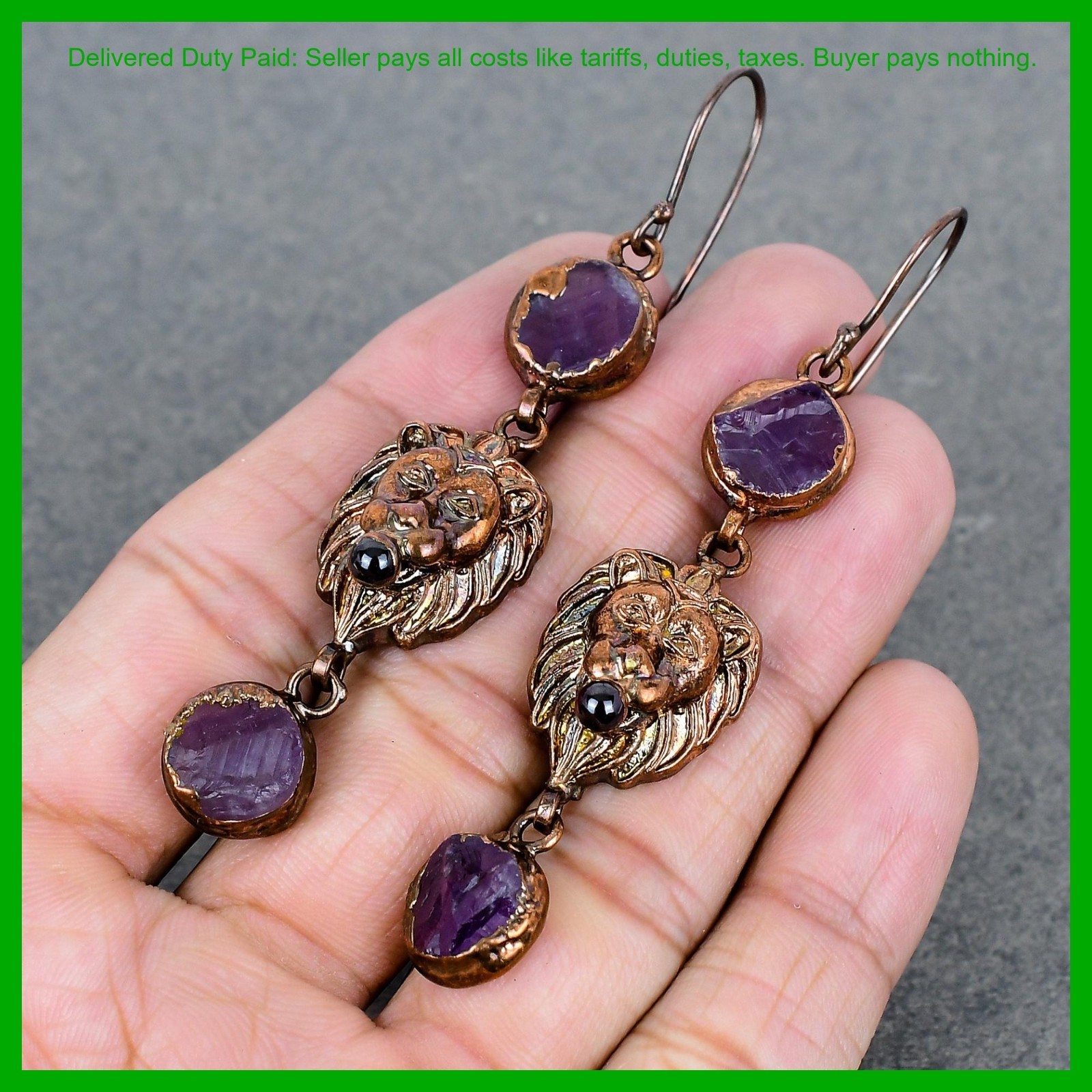 African Amethyst Rough Stone Copper Dangle Electroformed And Lion Face Earrings