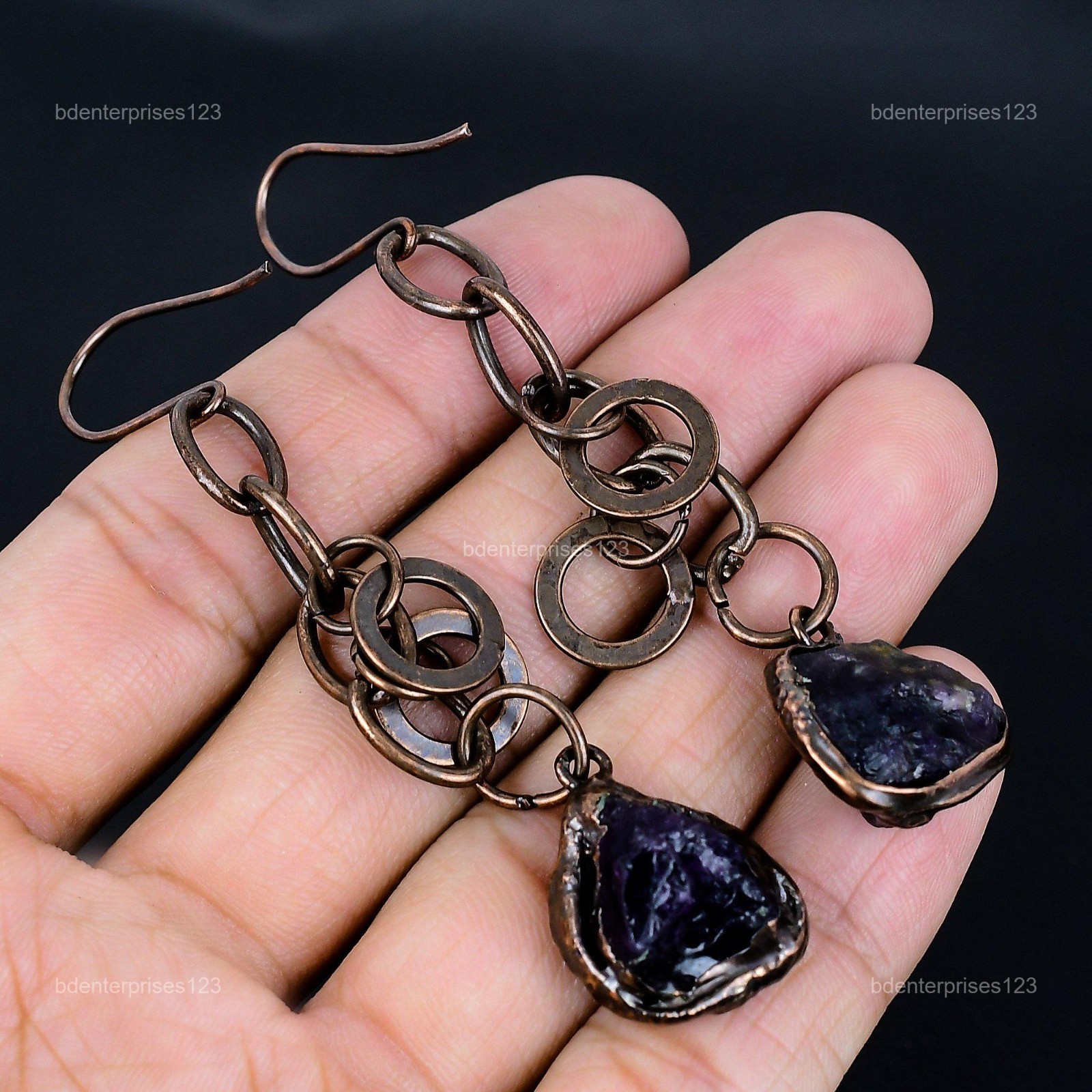 Pentagon African Amethyst Rough Gemstone Dangling Electroformed Earrings Copper