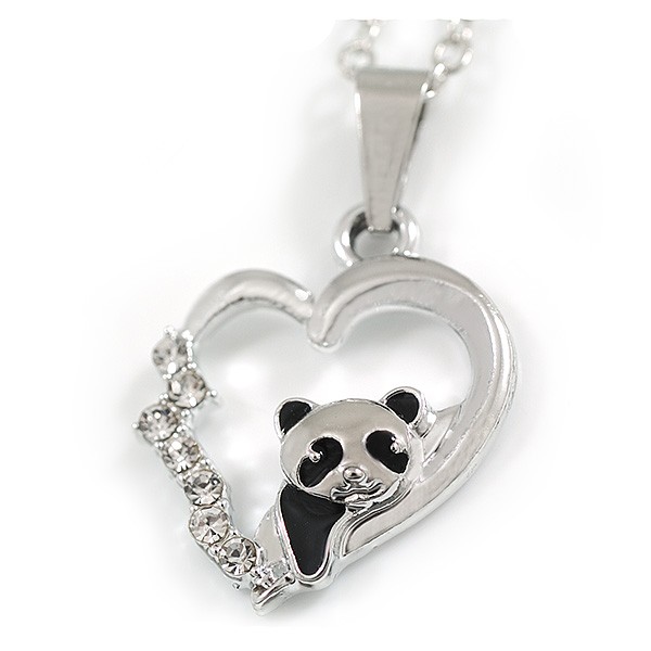Small Open Heart with Panda Bear Pendant with Silver Tone Chain – 42cm L/ 5cm