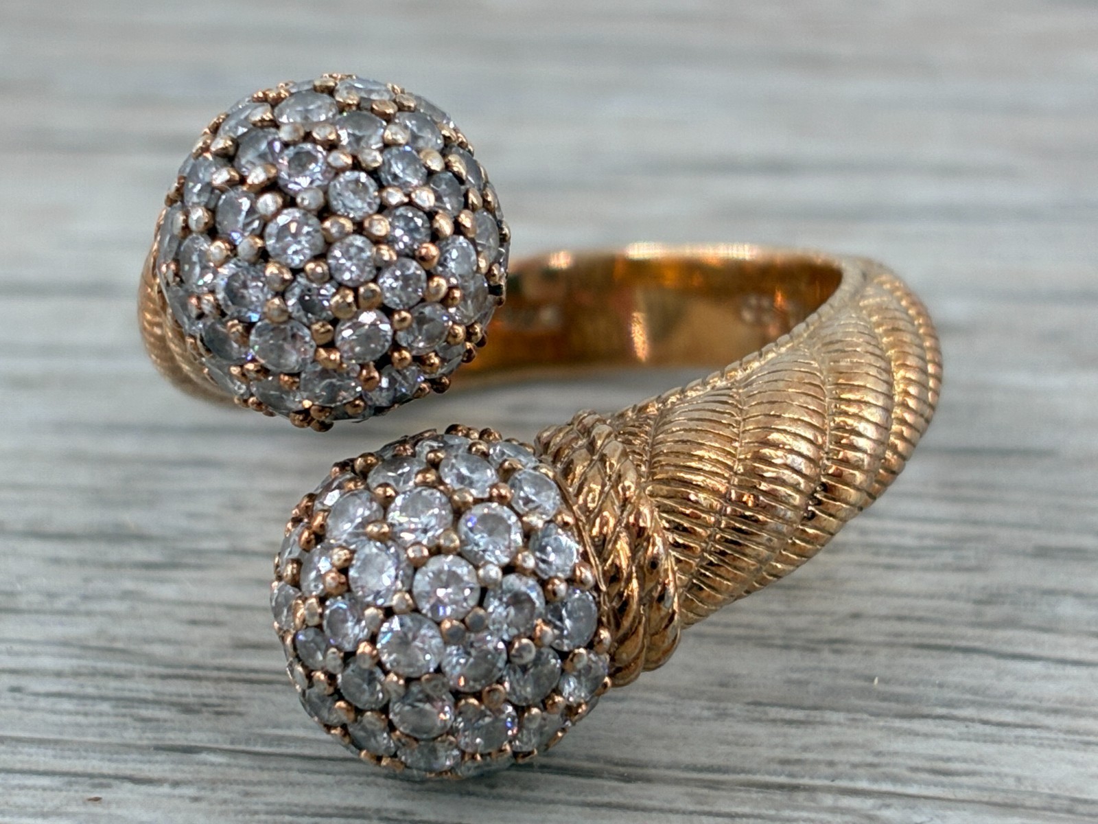 Vintage Judith Ripka Bypass Ring CZ Sphere Ball Tips Gold on Sterling Cable Band
