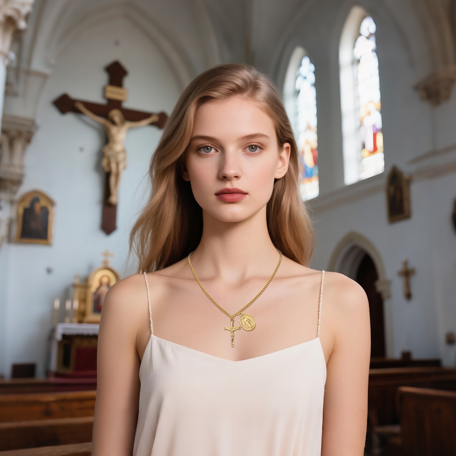 Virgin Mary Jesus Cross Crucifix Rosary Necklace with Miraculous Medal Men Women