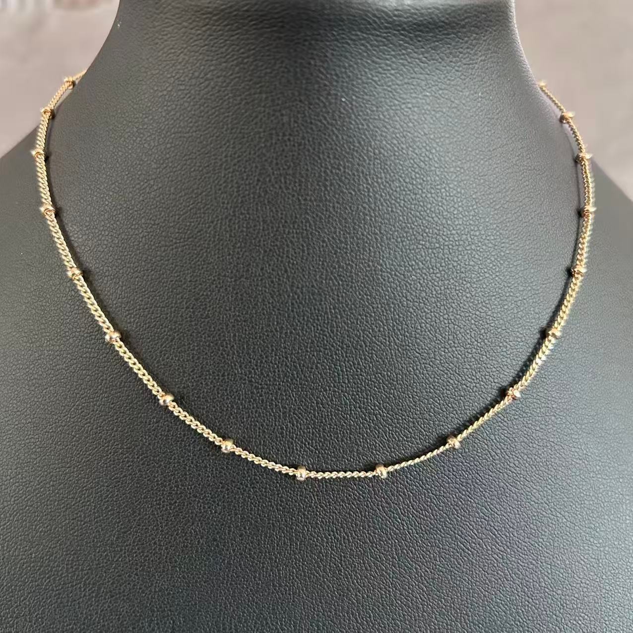 Gold Tone Satellite Bead Station Necklace Adjustable Dainty Layering Curb Chain
