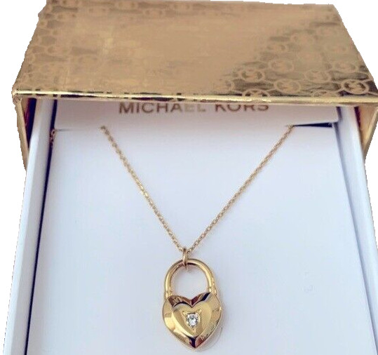 MICHAEL KORS Yellow Gold Necklace Crystal Chip Heart Padlock MKJ7443710 + MK BOX