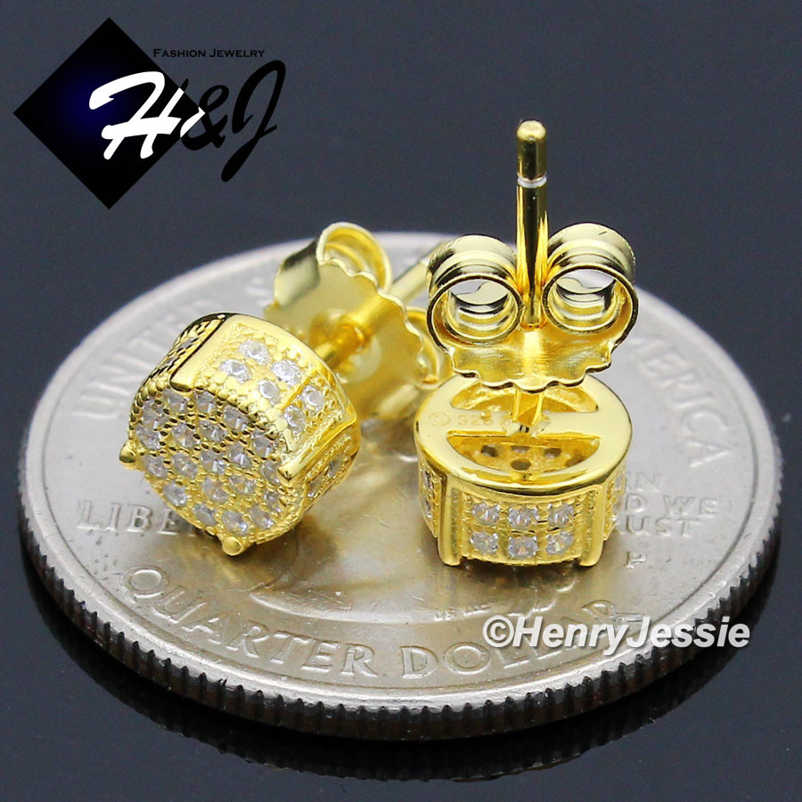 MEN 925 STERLING SILVER 6MM CUBIC ZIRCONIA 3D GOLD PLATED ROUND STUD EARRING*179