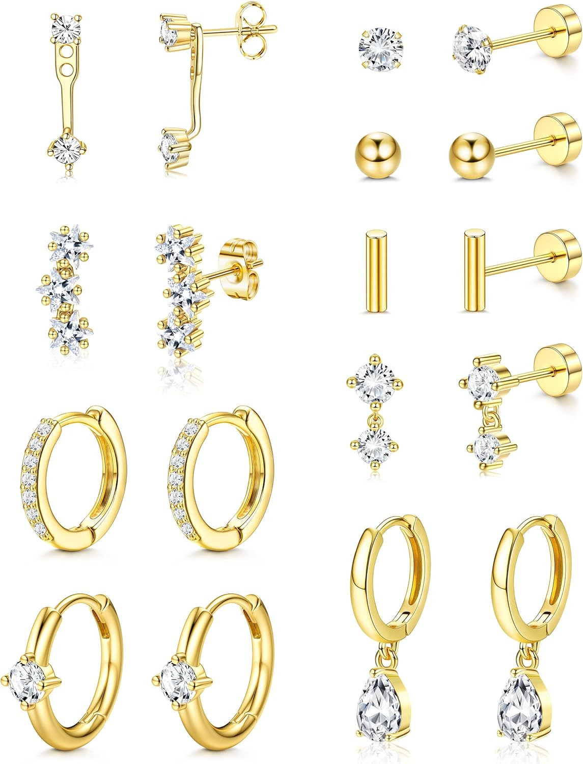 Hypoallergenic Silver Gold Earrings Stacks – 9 Pairs 14K Gold Plated Surgical St
