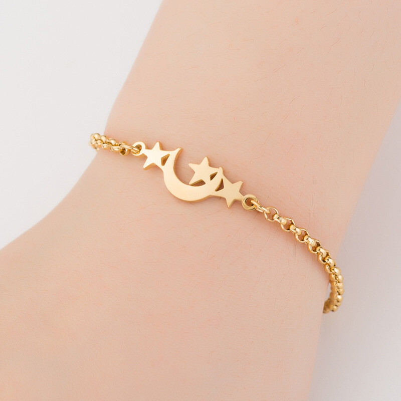 Titanium Gold Love Crescent Moon Stars Charm Bangle Bracelet