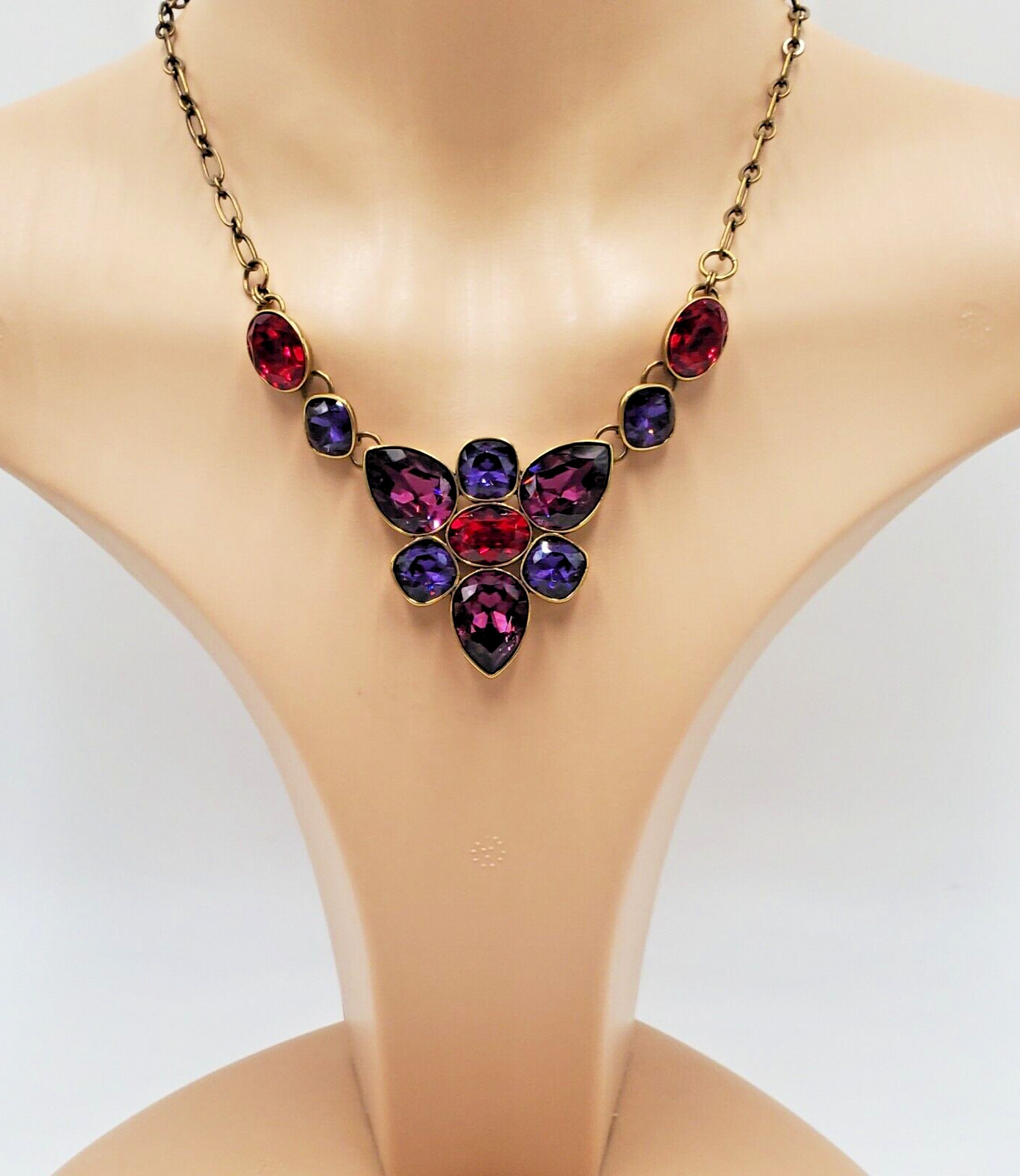 Swarovski Crystal Necklace 18in Brass Tone Red Blue Purple Crystallized TC NEW