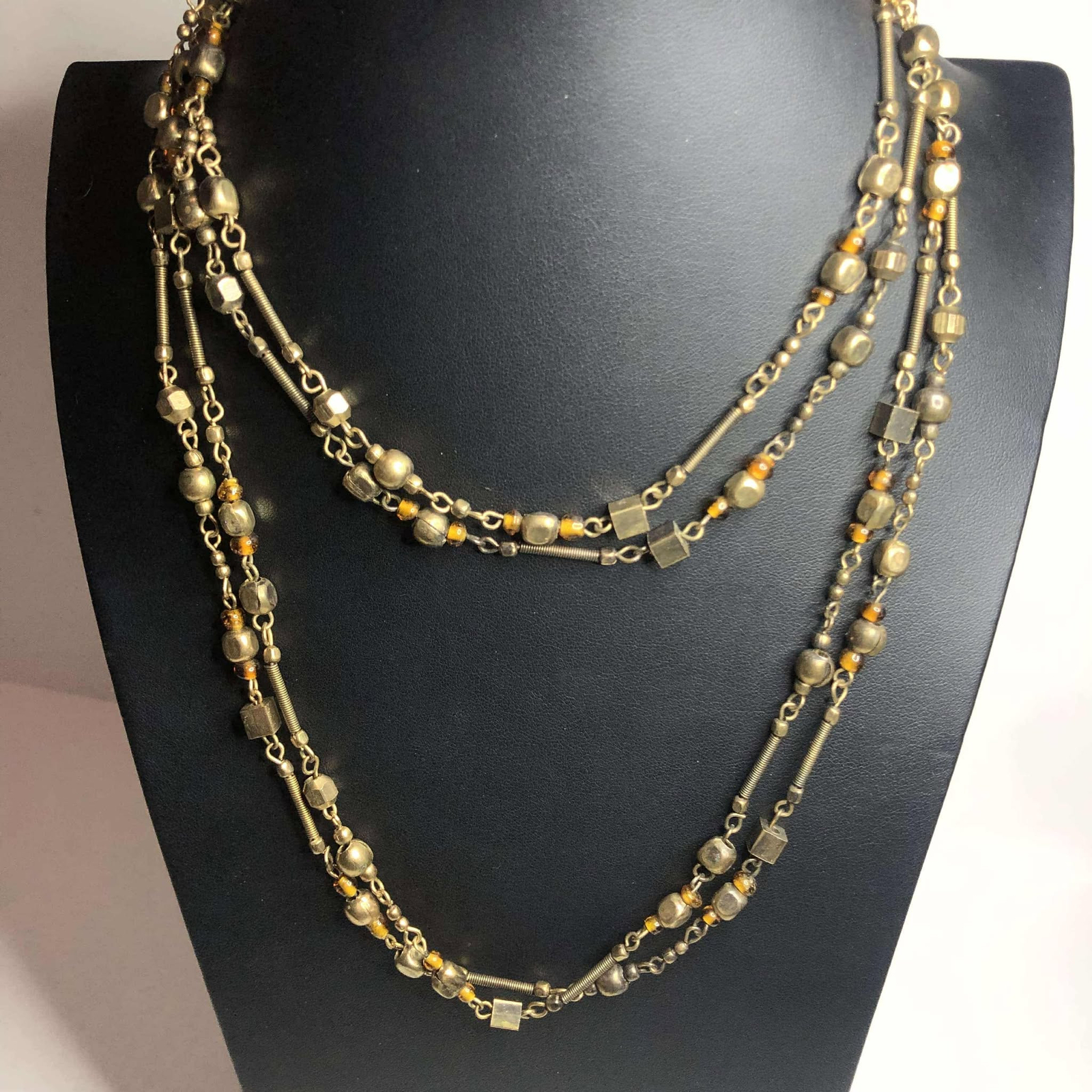 2036 vintage antiqued Gold tone layered beaded station chain necklace 36″