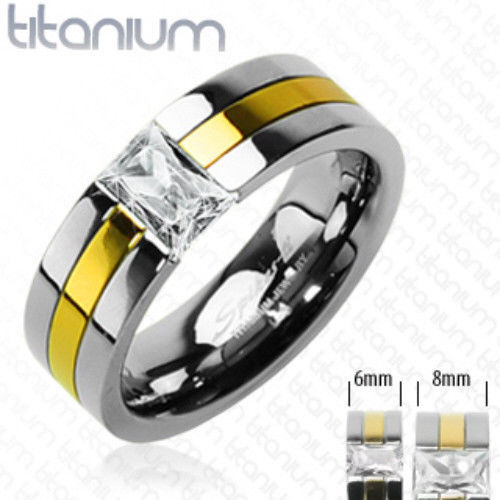 Solid Titanium Ring Gold Inlay CZ Stone Size 5,6,7,8,9,10,11,12,13,14 (FL13)
