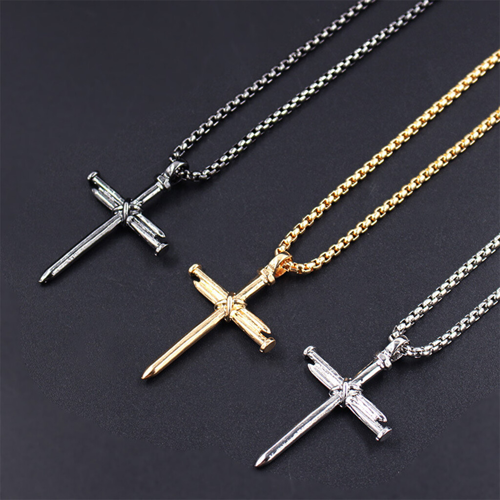 Men Black Gold Silver Stainless Steel Nail Cross Pendant Necklace Chain 24inch