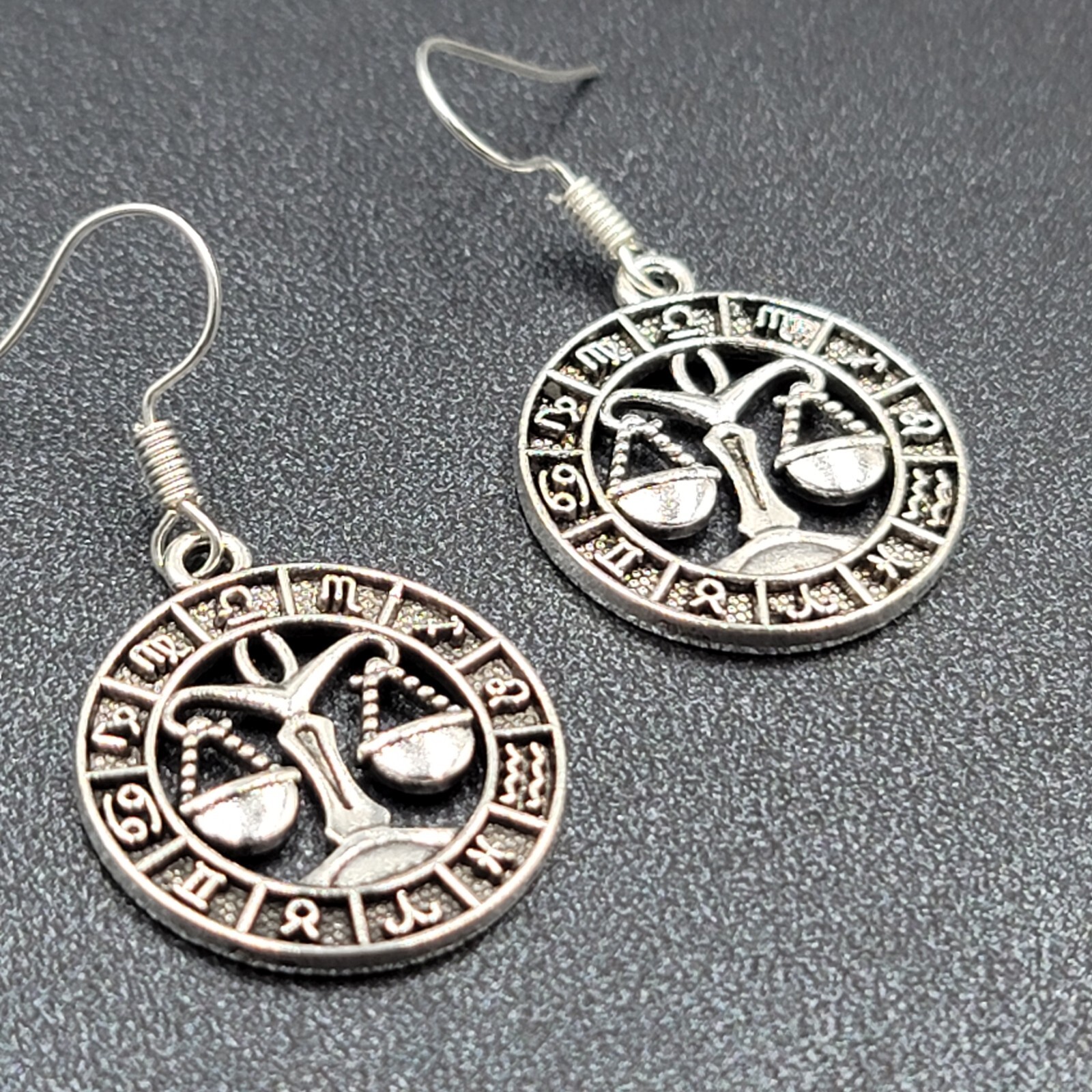 Zodiac Pierced Earrings Silver tone Dangle 7/8″