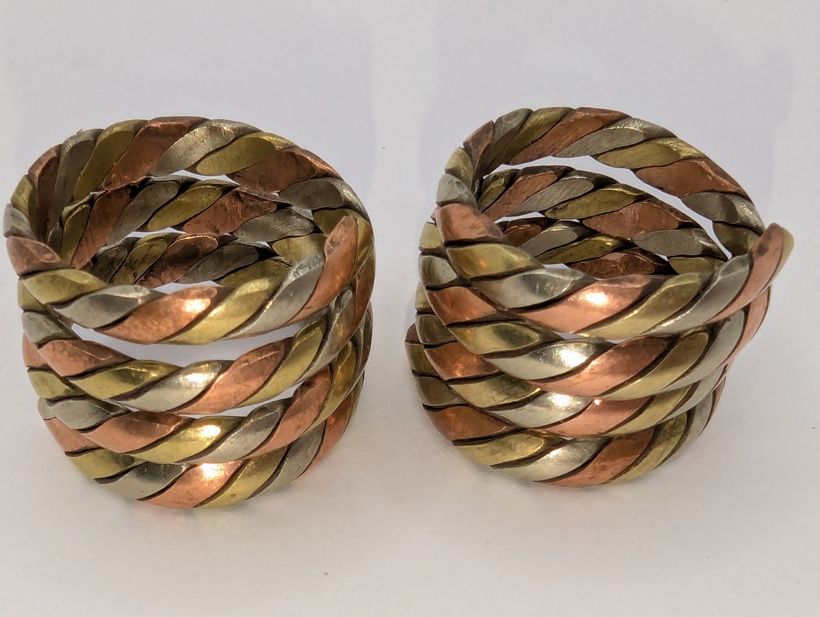 Tibetan Three Metal Coil Rings. Brass, Copper & Silver Tone Metals. Pair Of 2