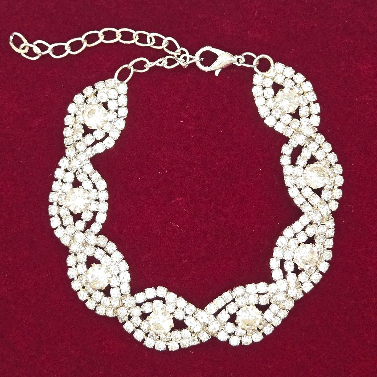 Silver Tone Rhinestone Marquise Link Adjustable Bracelet Clear Crystal Wedding