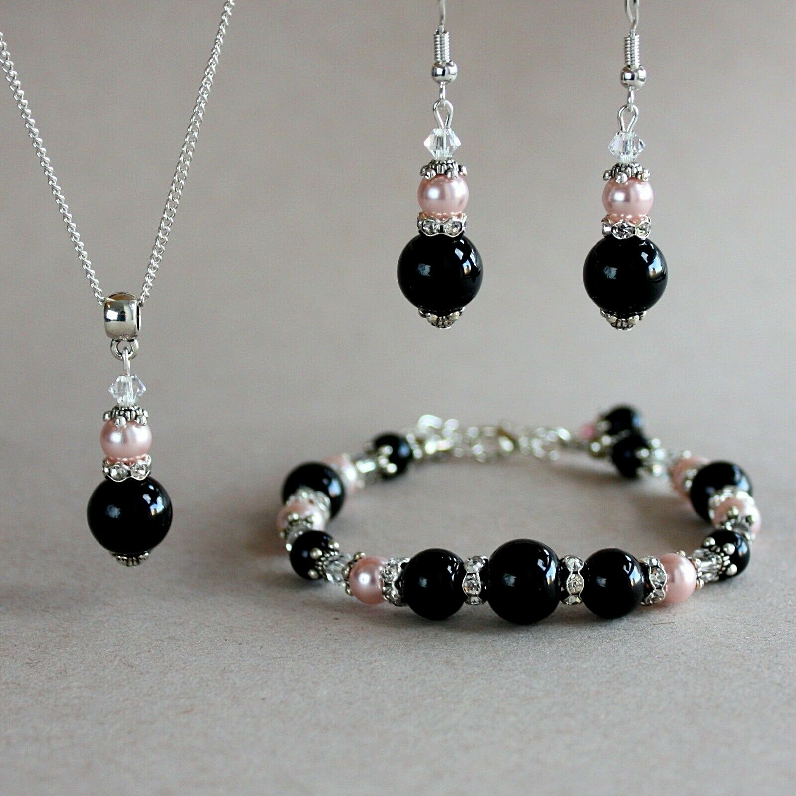 Black pink blush pearls rhinestones silver wedding bridesmaid bridal jewelry set