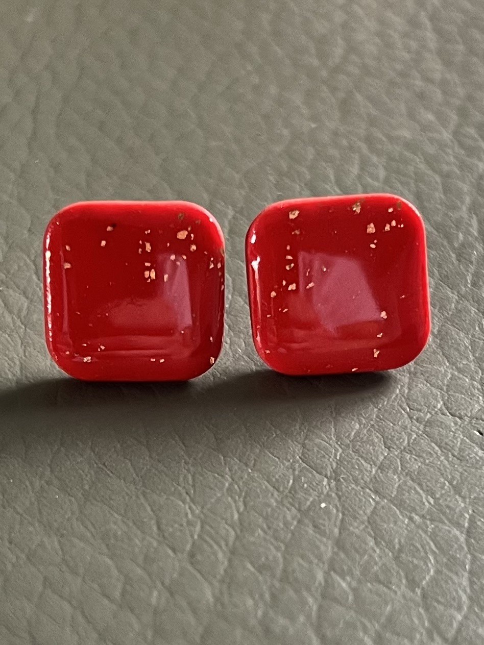 Handmade Red Resin-Coated Polymer Clay Stud Earrings Square Ultra Lightweight