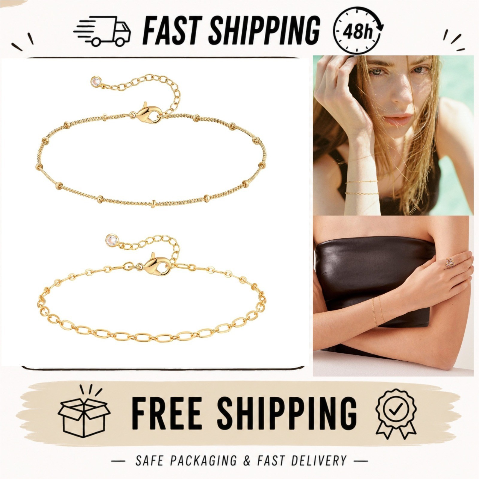 14K Gold Filled Layered Bracelets Set for Women – Trendy Minimalist Jewelry