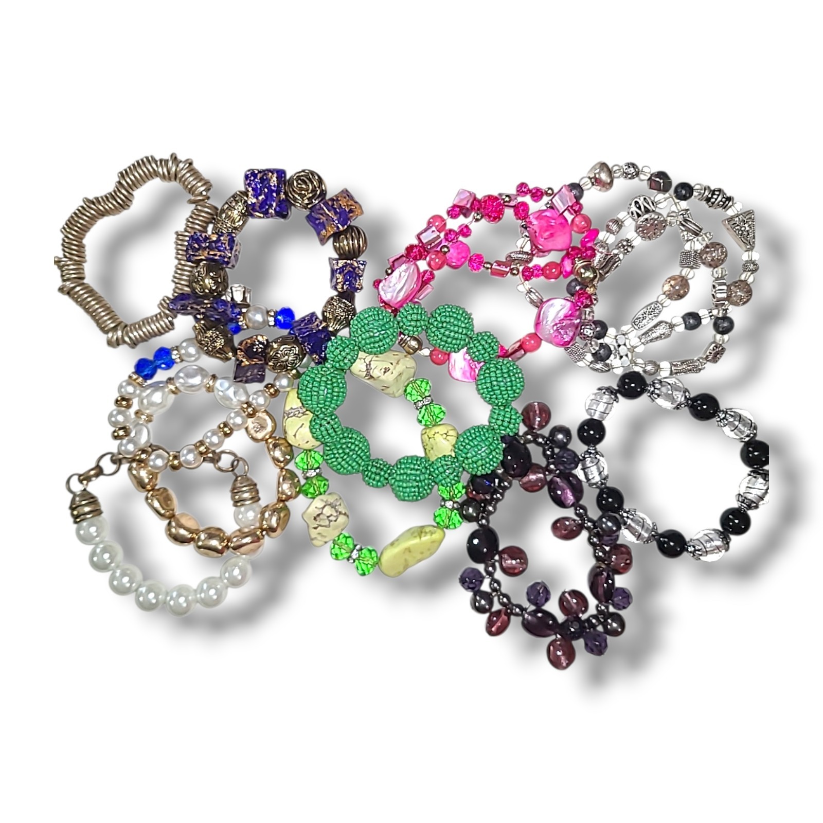 Lot of 11 Beaded Chunky Colorful Stretch Bracelets Glass Stone Acrylic