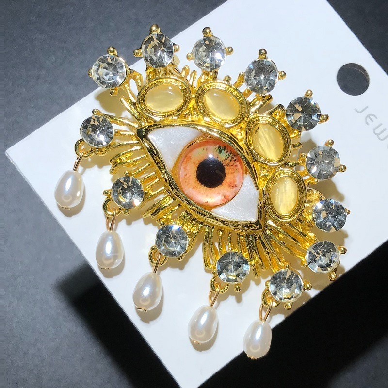 2pcs Evil Eye Brooch Gold Tone Rhinestone Pearl Dangle Statement Lapel Pin