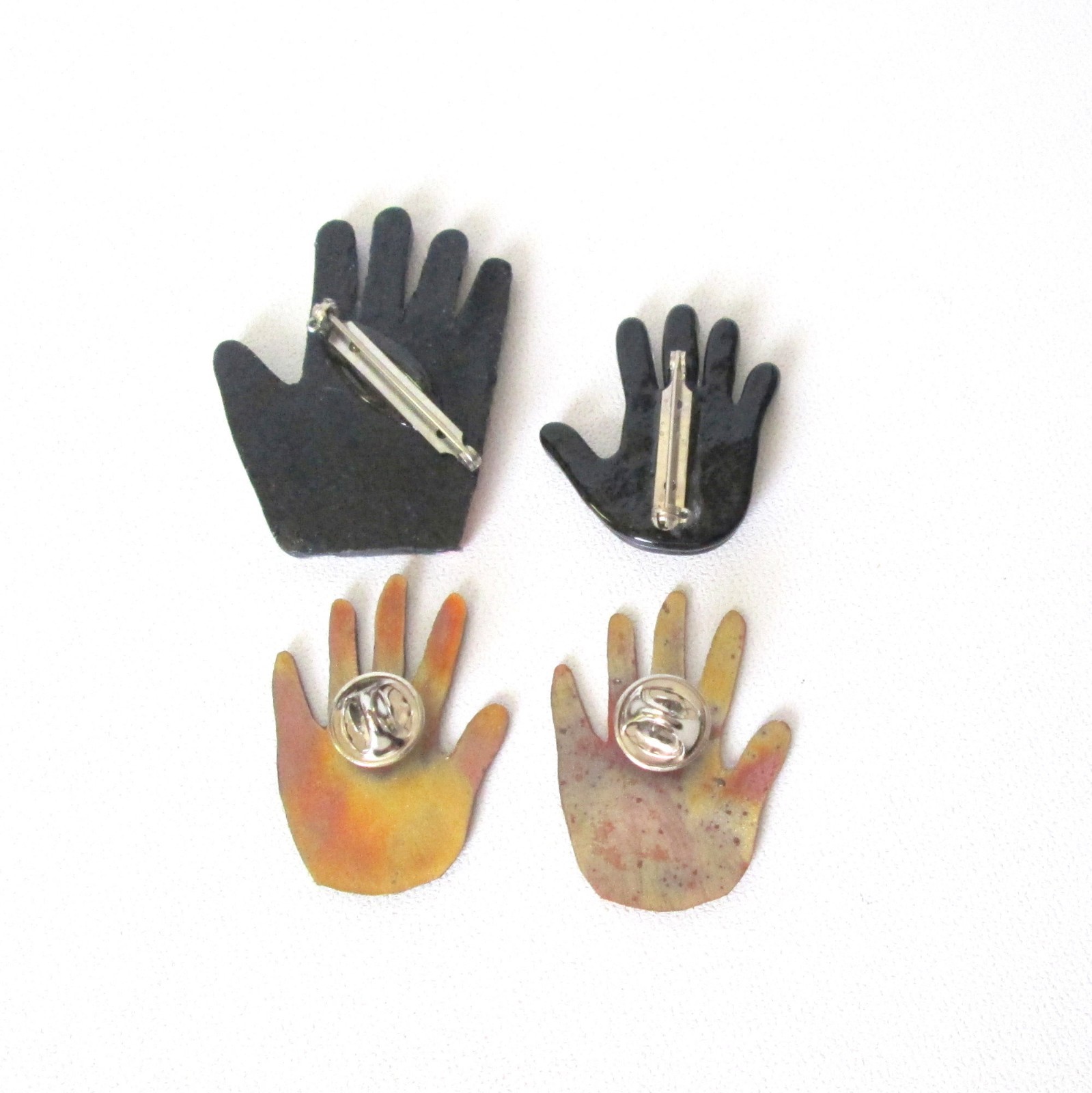 Vintage Handprint 4 Pin Lot Metal Tribal Hands Resin & Handmade Polymer Clay