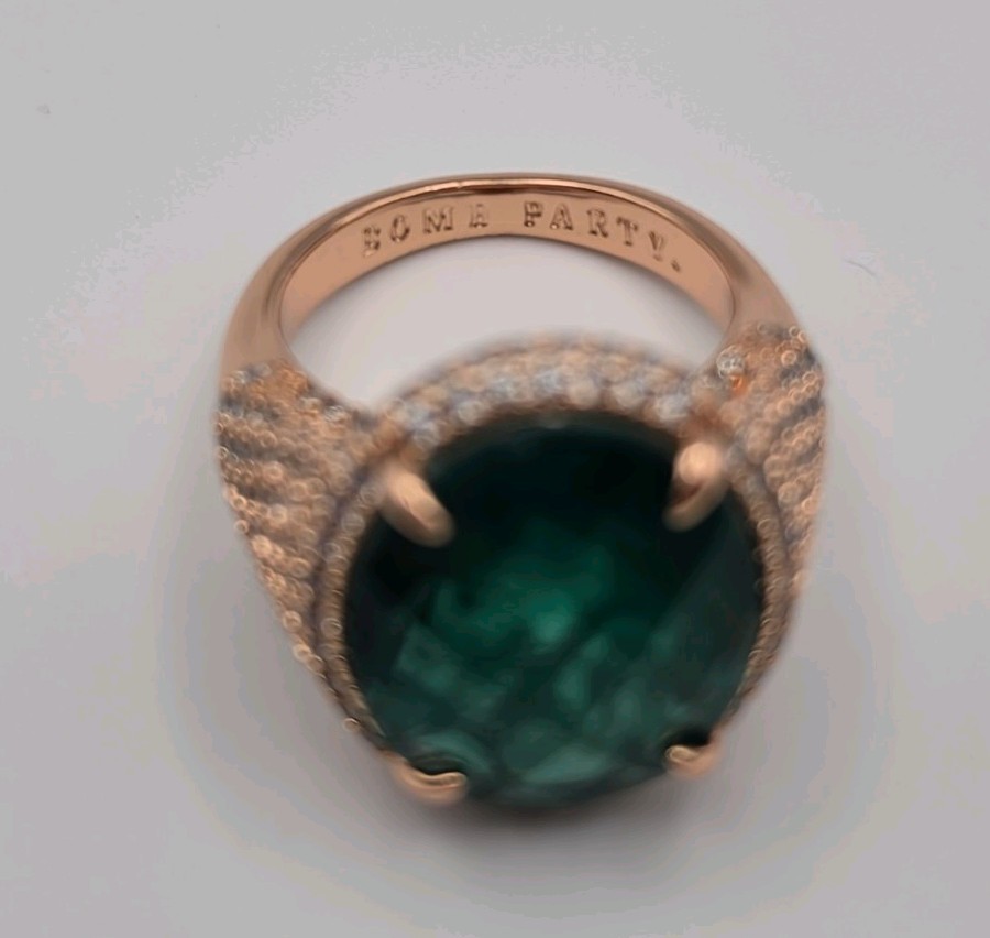Bomb Party. “A Wish In The Garden” LC Emerald + Quartz Rose Gold May Ring Sz 6