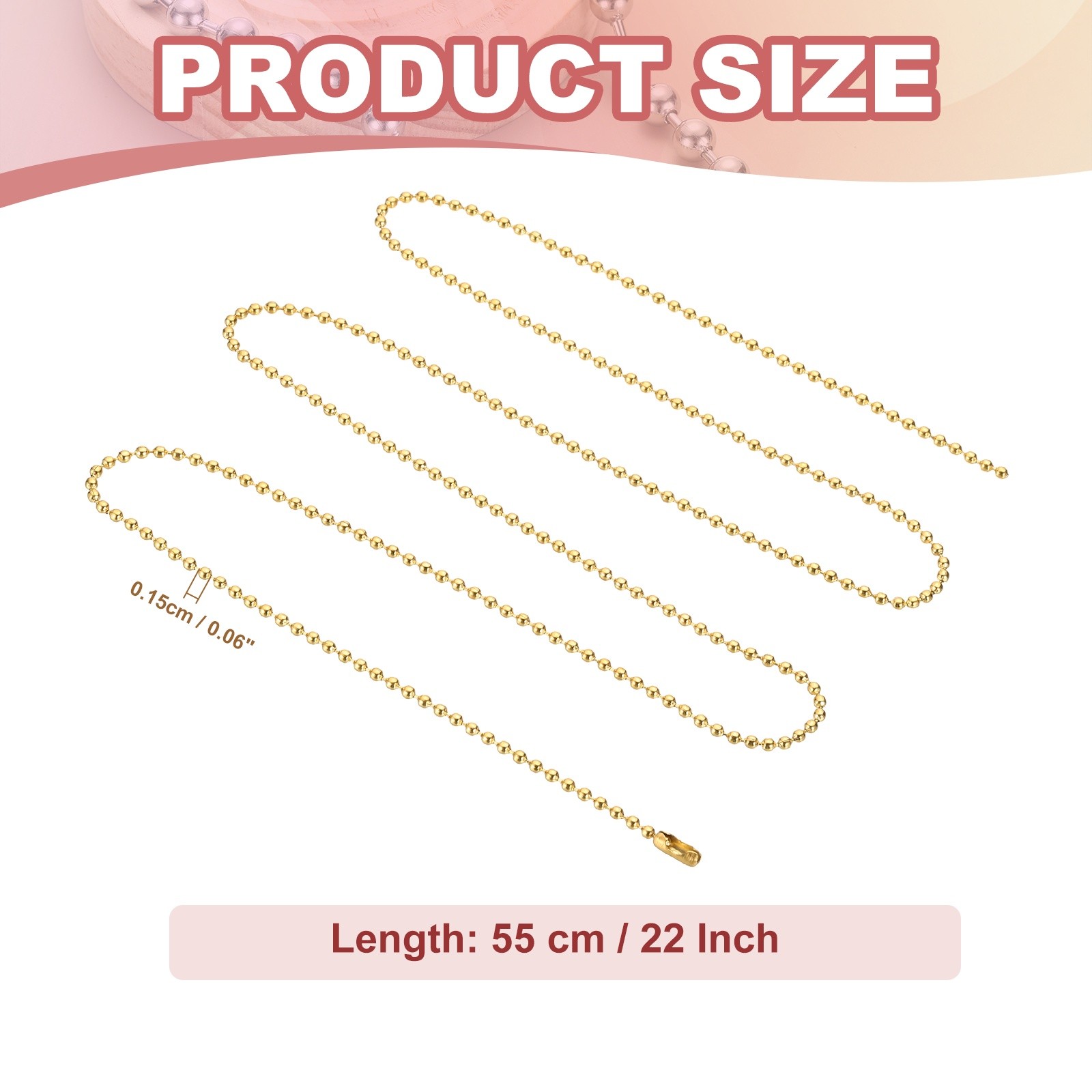 Beaded Chain Necklace, 1.5 mm Bead Ball, 22 Inch , Gold