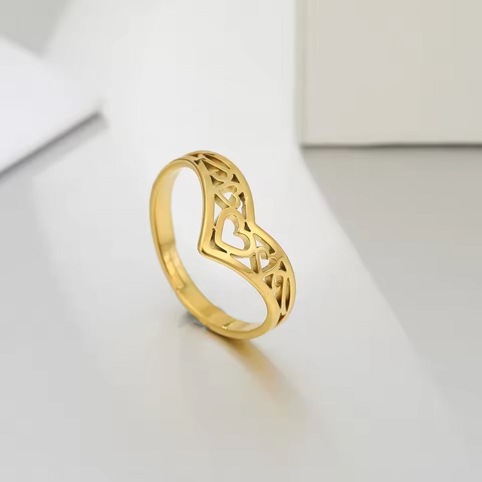 Womens Crown Heart Engagement Ring Gold PVD 316L Stainless Steel Promise Band