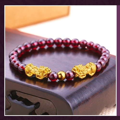 New Pure24K Yellow Gold Bracelet 14*6mm Two 3D Pixiu Link 3mm Lucky Bead& Garnet
