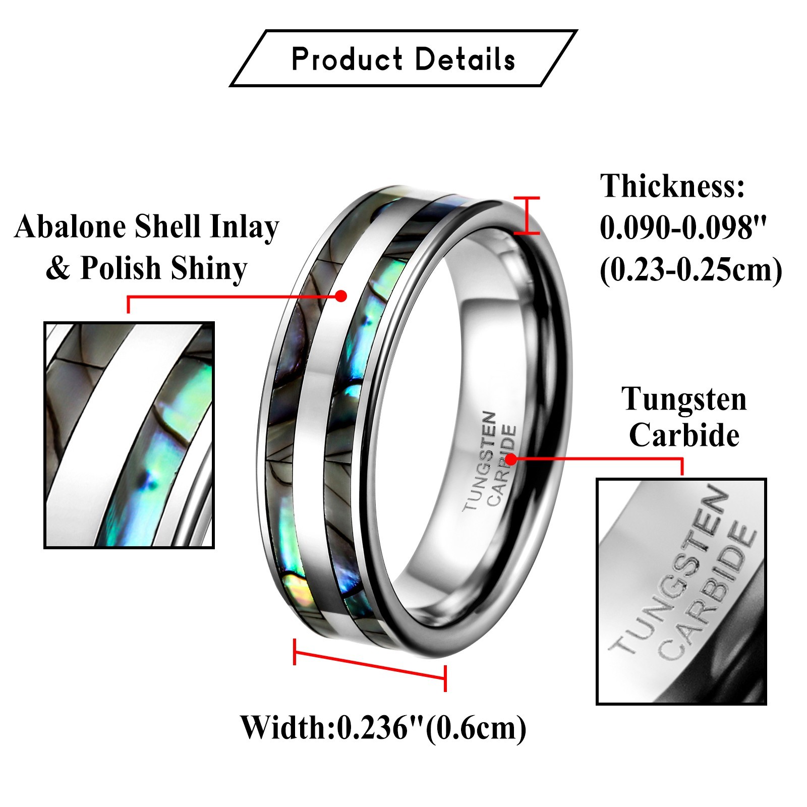 Comfort Fit Tungsten Carbide Ring Black Double Abalone Shell Inlay Wedding Band