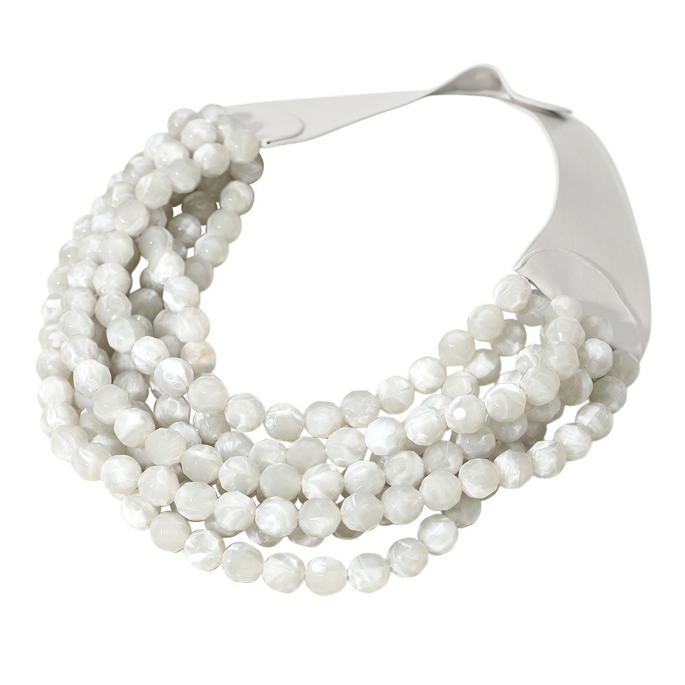 Multi-Strand White Gray Marble Beaded Statement Necklace Magnetic Clasp Layered