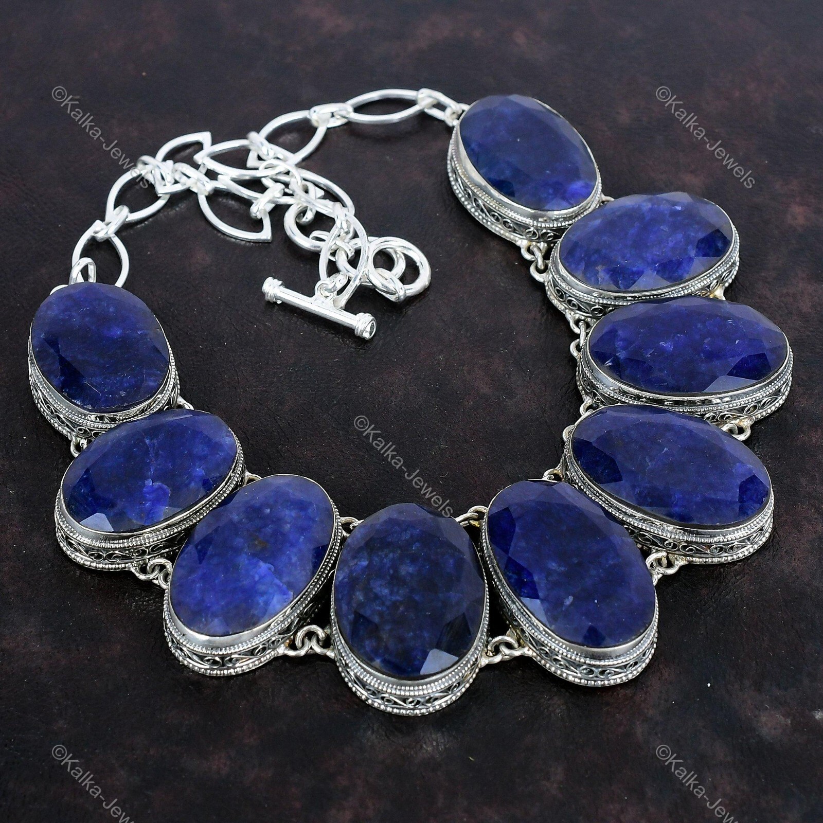 Blue Saphire Gemstone Chain Vintage Blue Adjustable Necklace 925 Silver