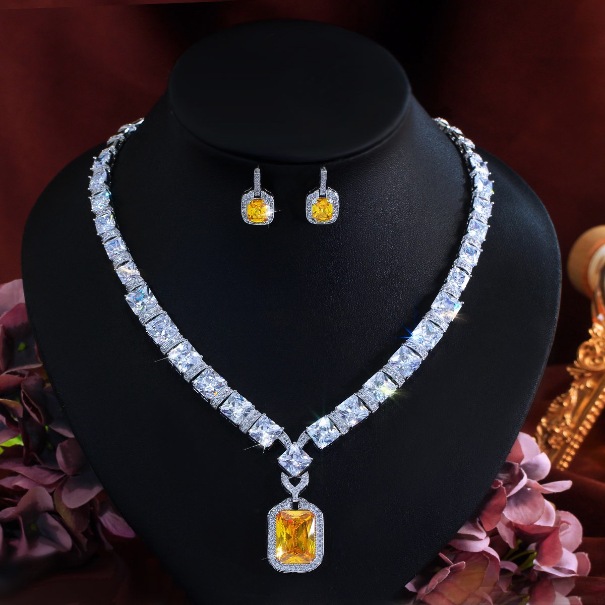 Silver Plated CZ Yellow Square Necklace Earrings Set for Women Costume Jewelry