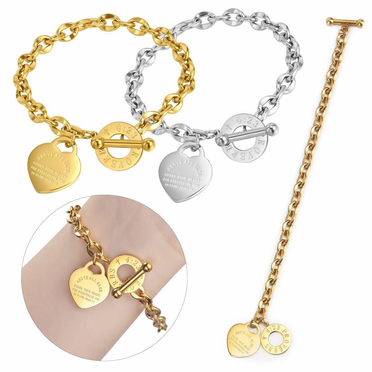 Women Charm Stainless Steel Heart Bracelet Silver Gold Girl Link Chain Bangle US