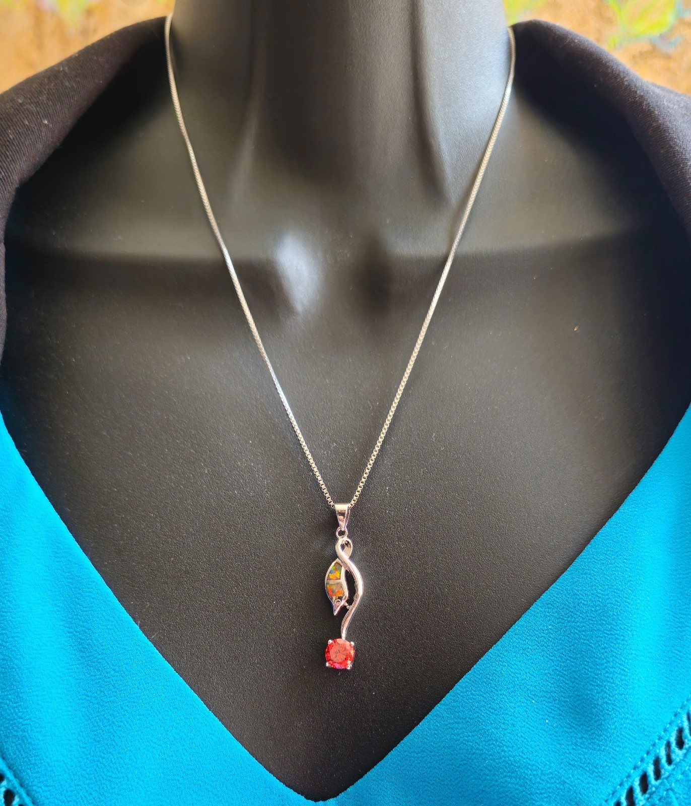 1 fire opal Cz necklace pendant gemstone silver jewelry elegant petite cocktail