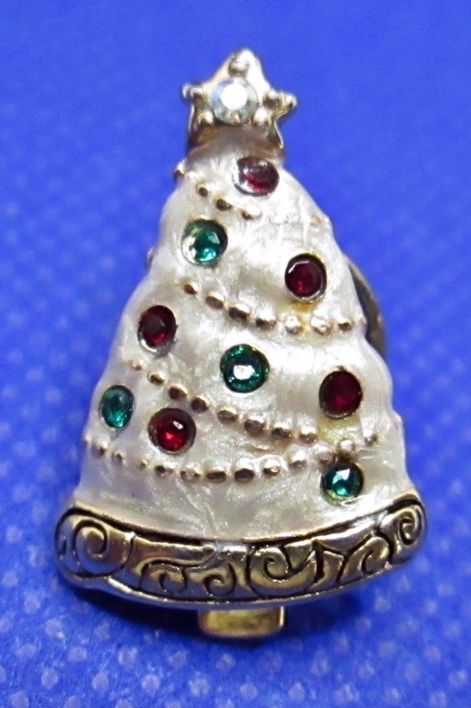 White Enamel Christmas Tree w/ Rhinestones lapel Pin Tie Tac Gold Tone