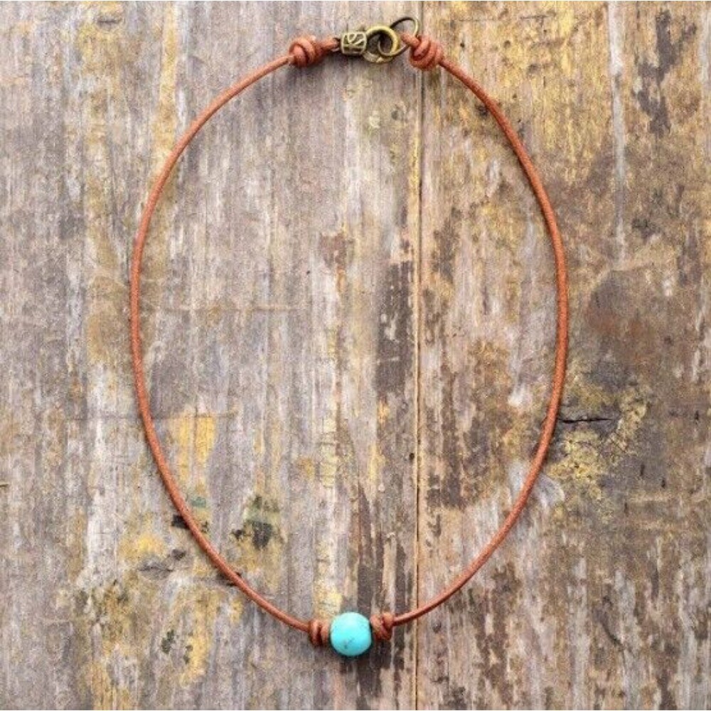 Natural Turquoise Necklace Round Bead Leather Healing Spiritual Choker Xmas Gift