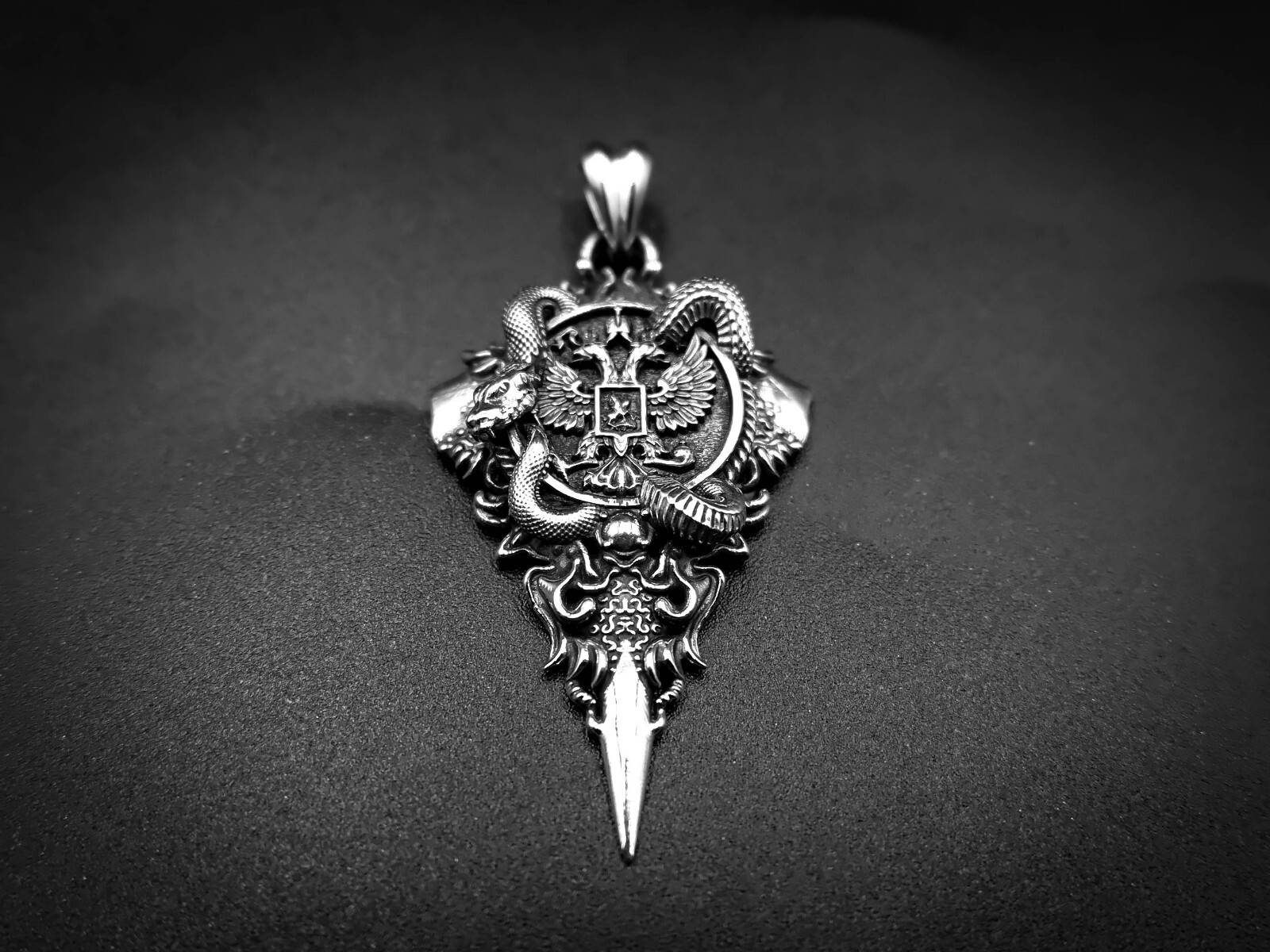 925 Sterling Silver Double Headed Eagle Pendant with Snake Coat Of Arms Jewelry