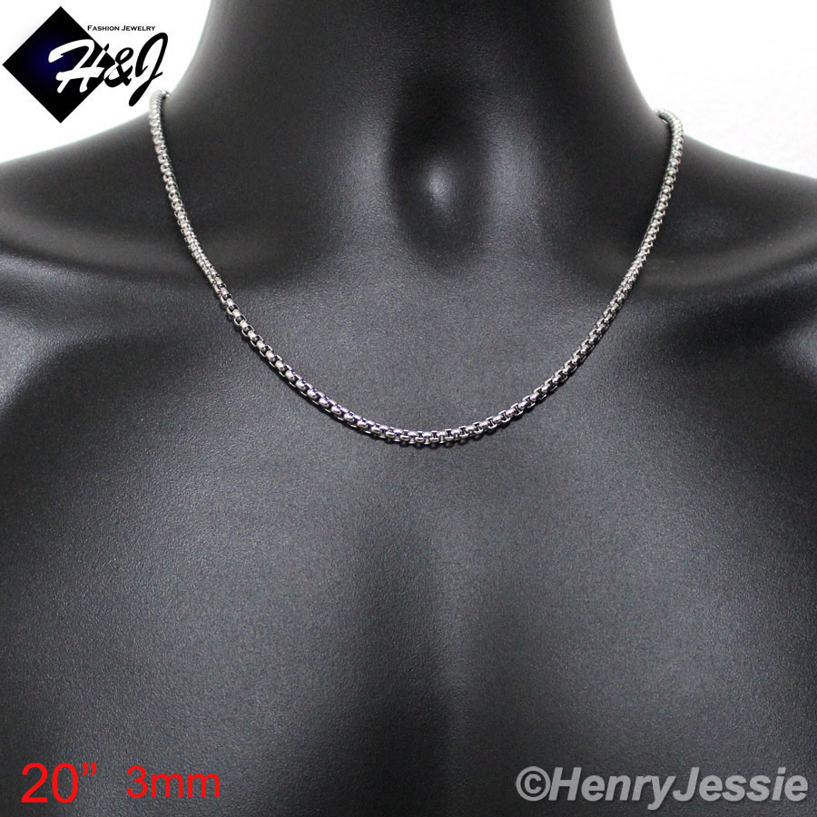 16″-36″Men’s Women’s Stainless Steel 3mm Silver Smooth Box Link Chain Necklace