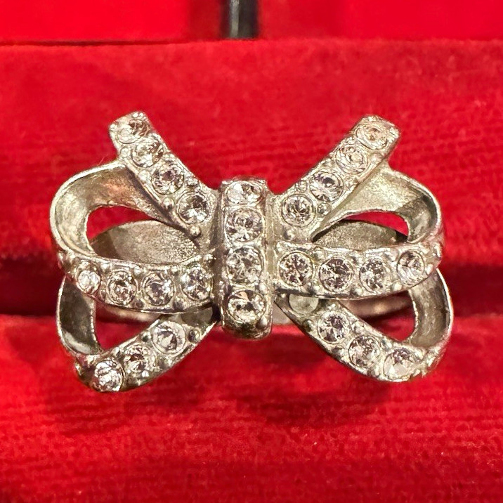 Brighton Signed Silver Tone Bow Clear Rhinestone Cocktail Ring Size 8