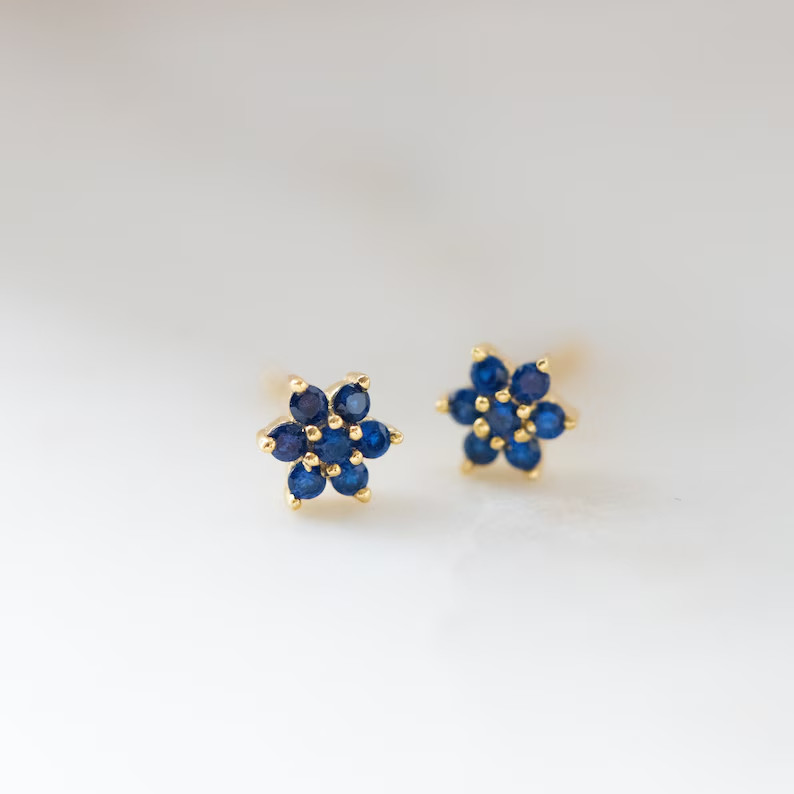 1 Ct Round Simulated Sapphire Flower Stud Earring 14k Yellow Gold Plated Silver