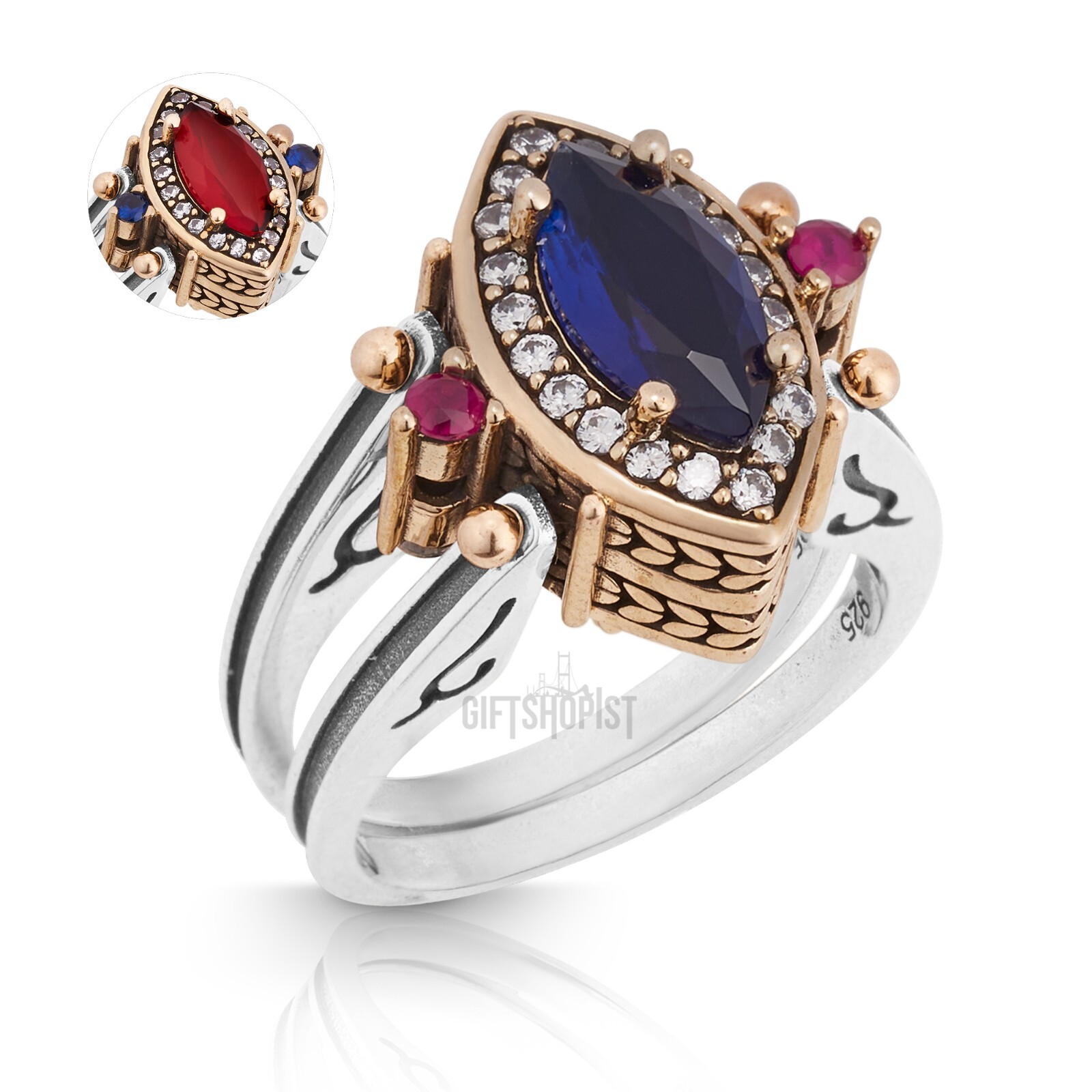 Turkish Reversible Marquise Sapphire Ruby Topaz 925 Sterling Silver Ring Size