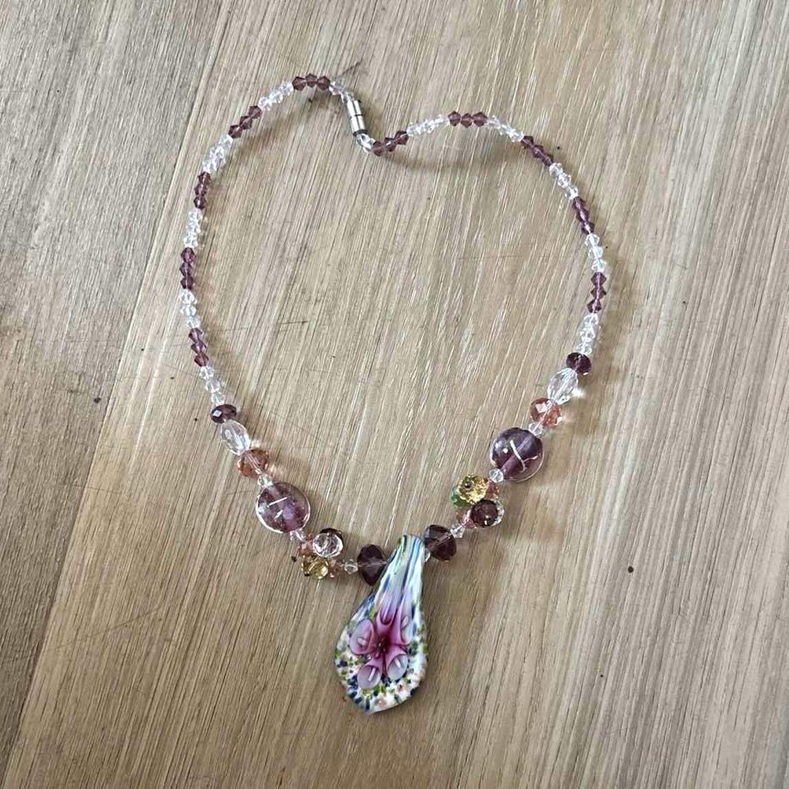 Purple Pink White Beaded Pendant Necklace Teardrop Glass Charm Crystal