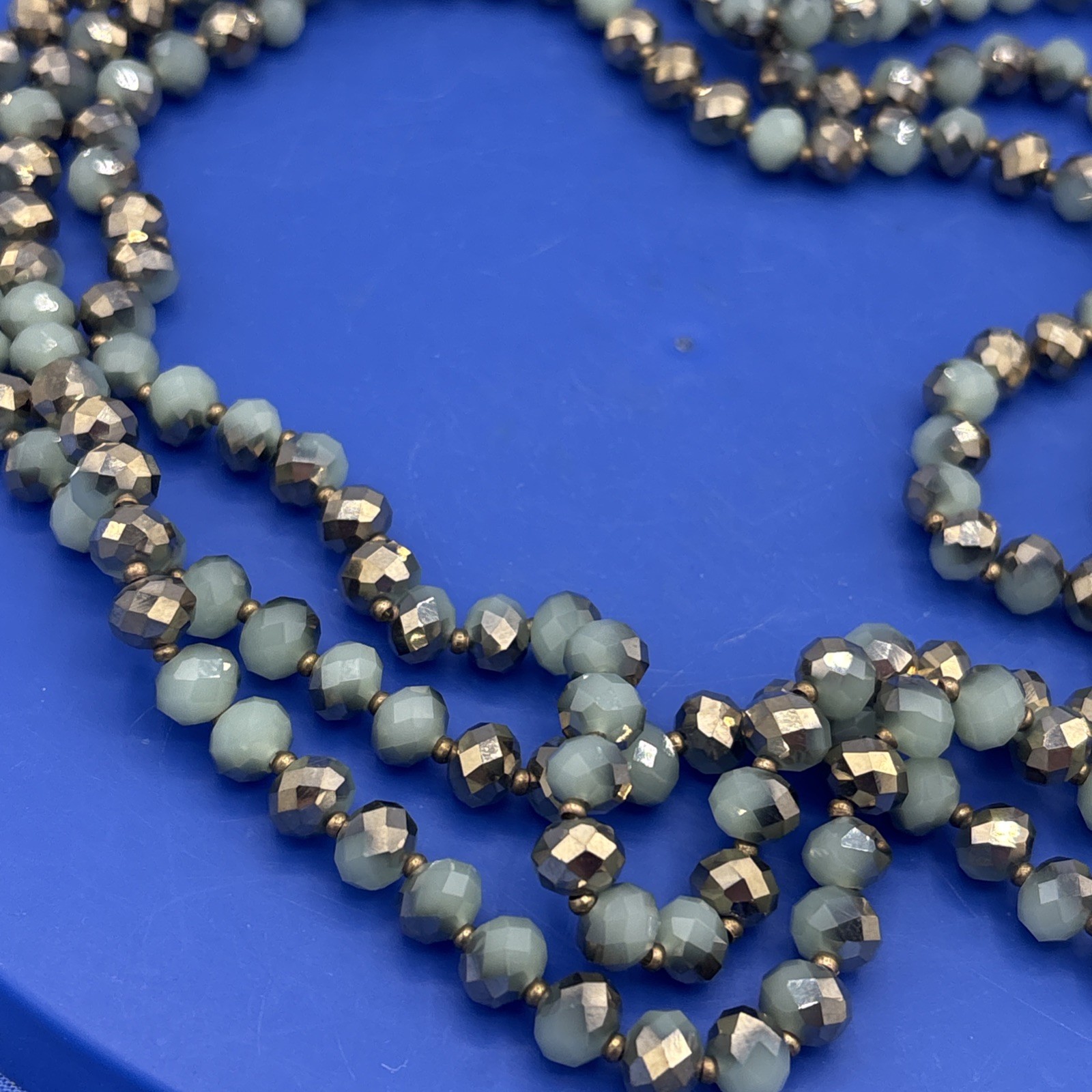 60” Faceted Glass Bead Necklace Metallic Gold Sage Green Long Wrap