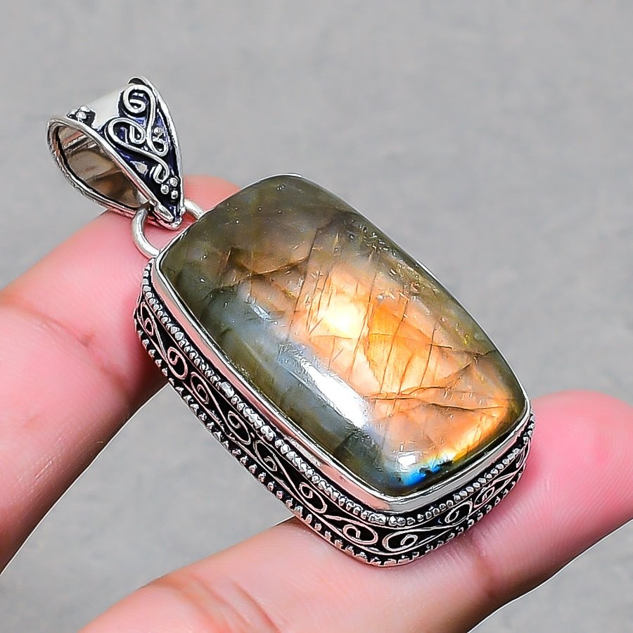 Blue Fire Labradorite Gemstone Pendant Handmade Gift Vintage Jewelry 2.3″ VP 361
